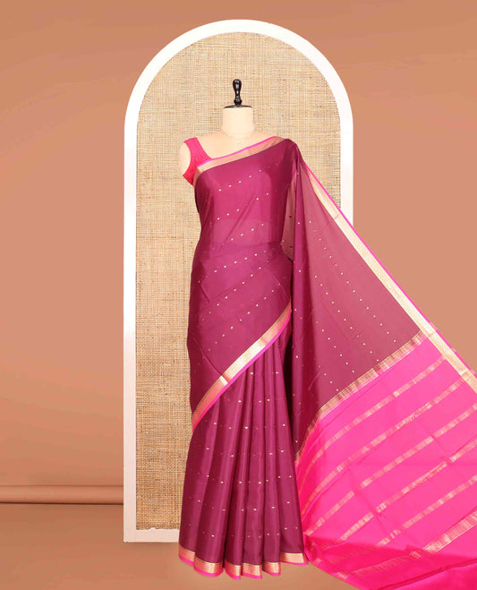 Purple Mysore Silk Saree Featuring Zari Buttas, a Contrast Jaal-Design Zari Border, Zari Striped Pallu, and a Contrast Blouse