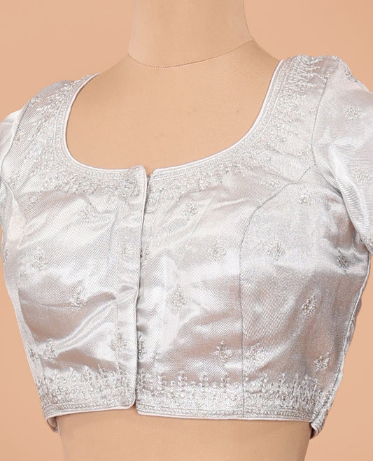 Sliver thread embroidered front-back round neck elbow sleeve blouse