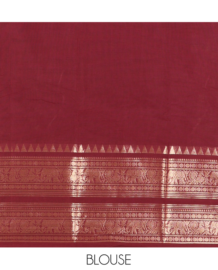 Brown Plain Chettinad Saree, Gleamed Up with a Zari Rettai Pettu Traditional Border, Striped Pallu, and a Matching Blouse