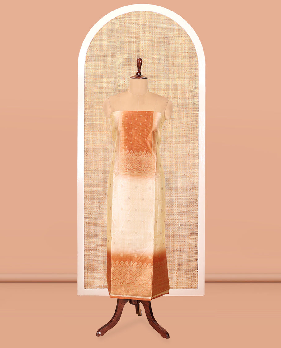 Chikku-Rust Semi-Tussar Material Chudiddar, Buttas and Neck Work Top, Contrast Bottom, Buttas Dupatta