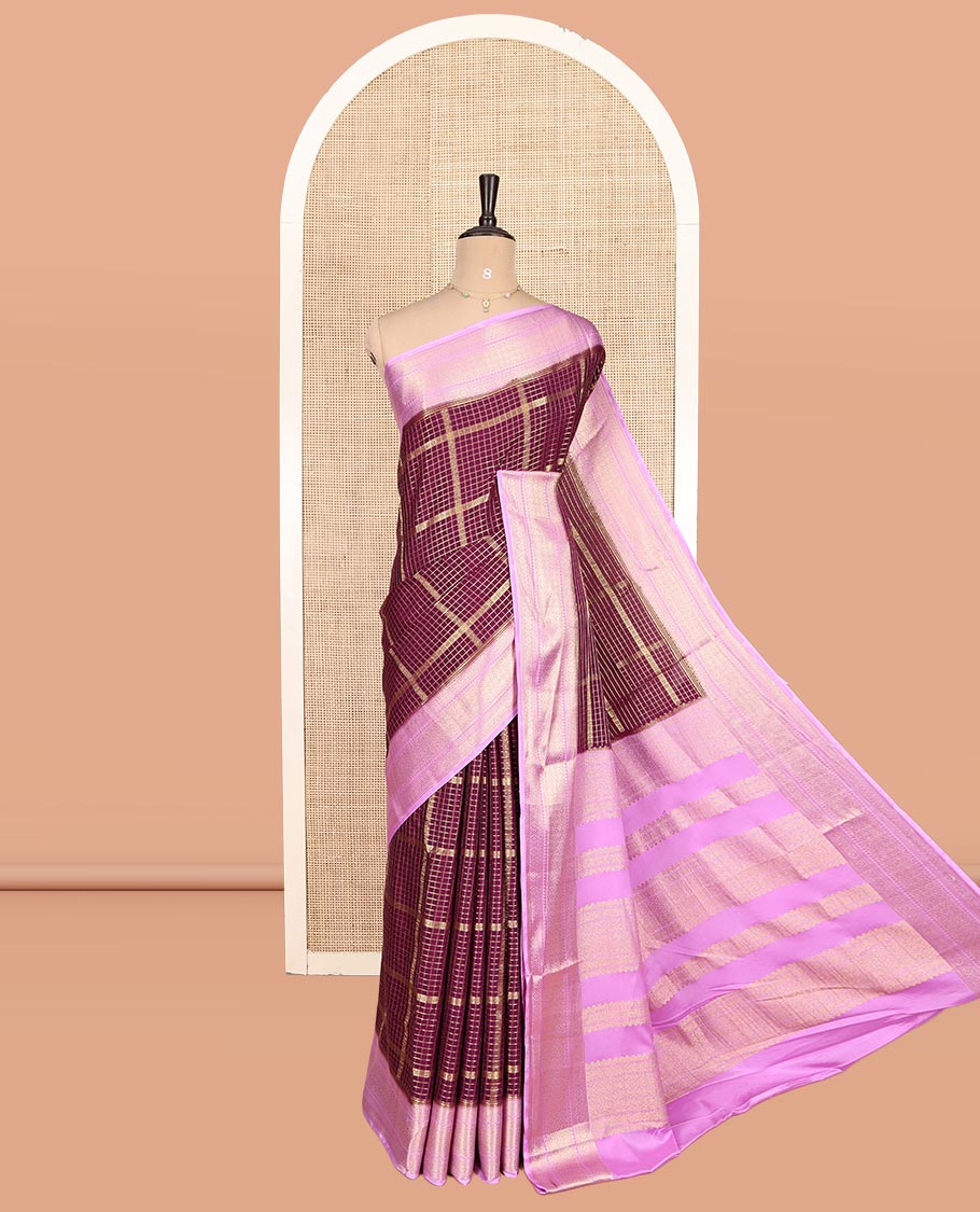 Dark Purple Checked Mysore Silk Saree, Contrast Zari Border, Grand Pallu, Contrast Blouse