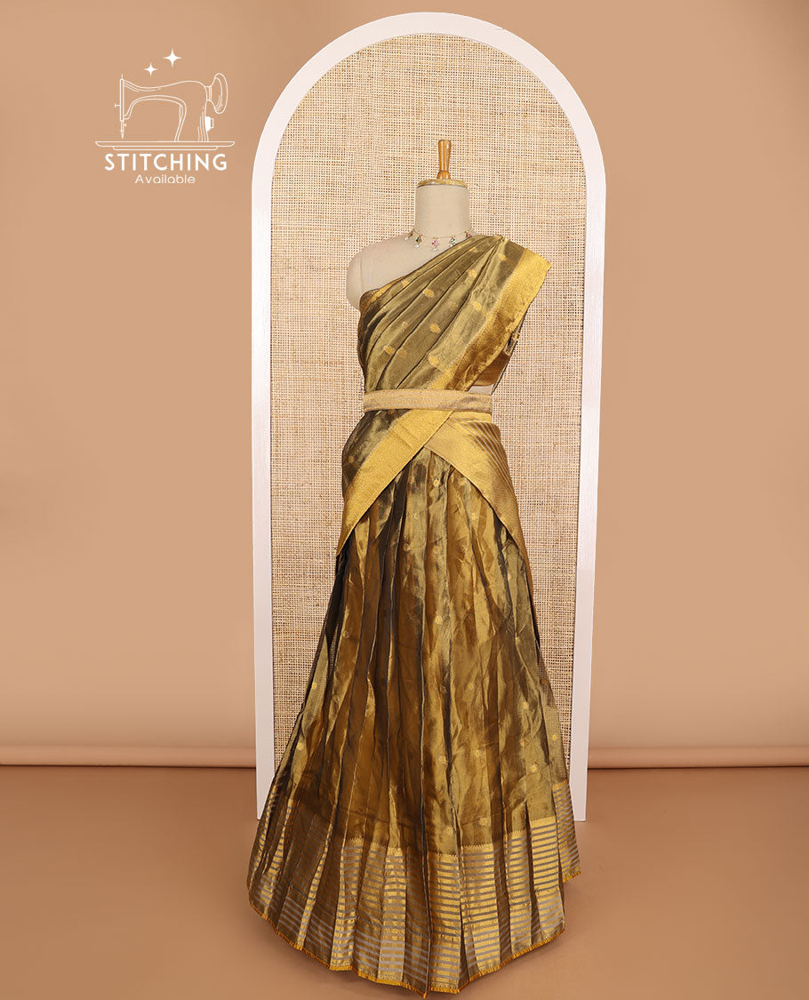 Brown buttad tissue half saree with contrast striped border, zari design blouse & floral design dhavani