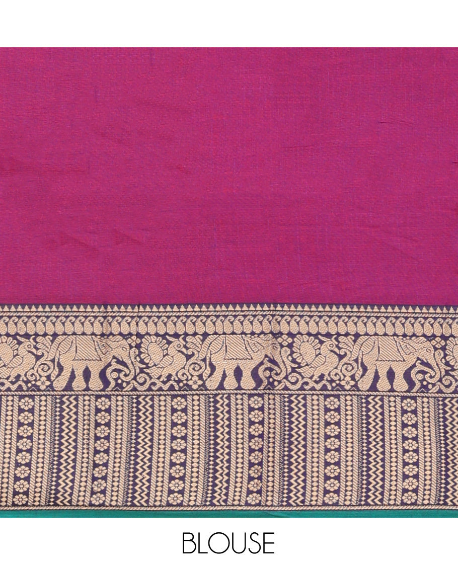 Purple Cotton Half-Saree Features Plain Skirt, a Contrast Traditional Thread Border, a Matching Blouse, and a Contrast Dhavani