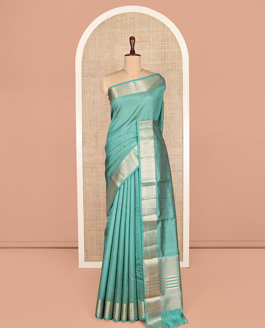 Green Dupion Silk Saree, Accentuated with Zari Micro-Checks, Highlighted by a Traditional Zari Design Border, Zari Striped Pallu, and a Matching Blouse