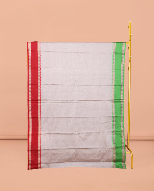 Off-white Plain Narayanpet Cotton Saree, Complemented by Contrast Traditional Design Rettai Pettu Ganga Jamuna Border, Striped Pallu, and Comes Without a Blouse