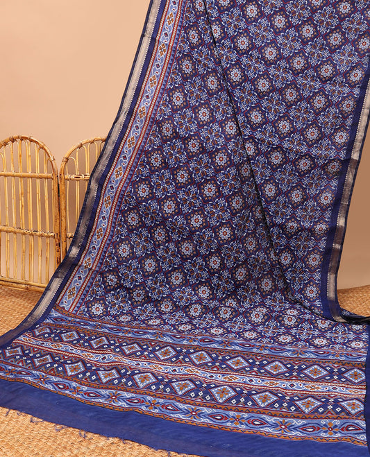 Blue floral design chanderi cotton saree with contrast zari border & intricate design pallu