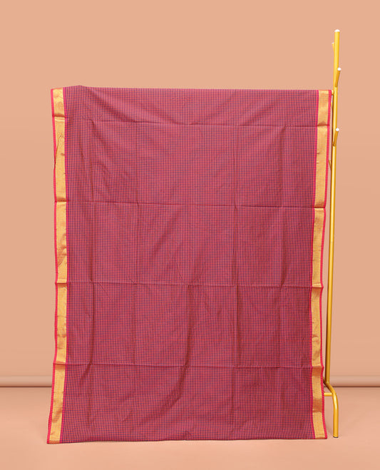Multi-Color Poly Cotton Saree, Detailed with Micro-Checked Design on Its Body, Highlighted by a Self-Border, Striped Pallu, and Paired with a Contrast Blouse