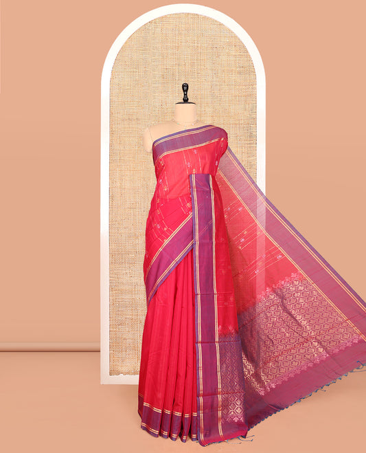 Red Silk Cotton Saree, Decorated with Zari Stripes and Buttas, Complemented by a Contrast Border, Contrast Butta Enclosed Hexagon Pallu, and a Contrast Blouse