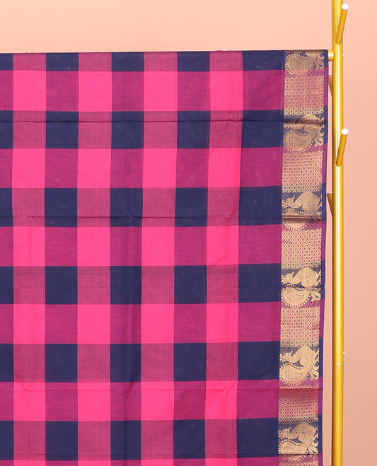 Blue-Pink Chettinad Cotton Saree, Detailed with Checks, Highlighted by Traditional Peacock Border, Striped Pallu, and No Blouse
