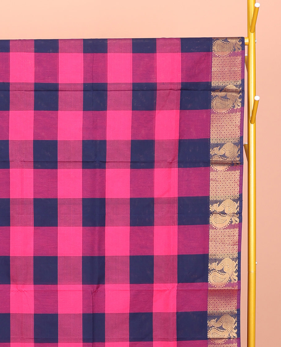 Blue-Pink Chettinad Cotton Saree, Detailed with Checks, Highlighted by Traditional Peacock Border, Striped Pallu, and No Blouse