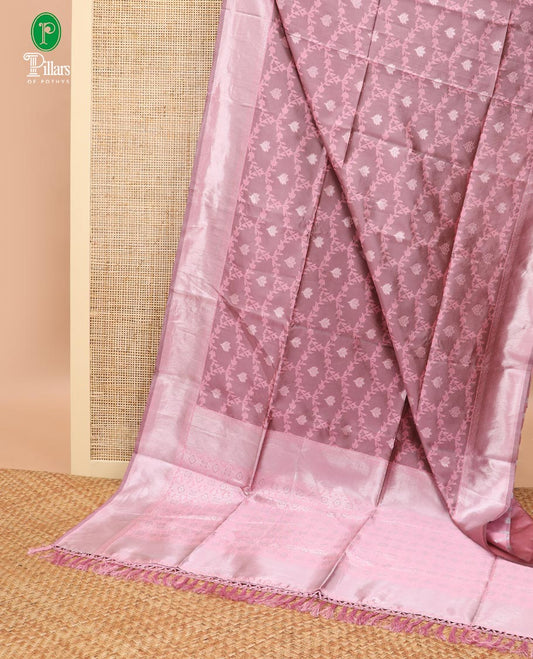 Onion pink  jaal design litchi soft silk saree with silver weaving border & silver zari rich pallu along with butta design blouse