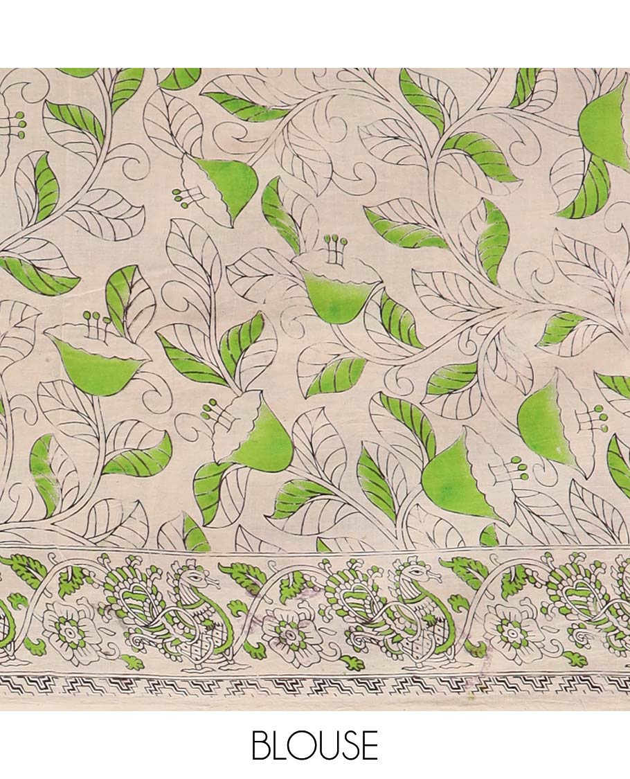 Violet floral vine design machine printed kalamkari cotton saree with contrast floral border & pichwai design pallu