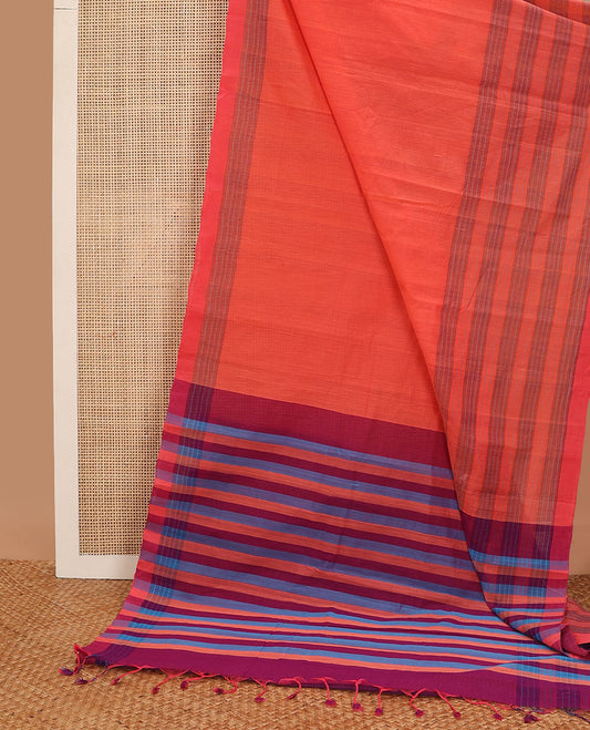 Peach mangalgiri cotton saree with contrast striped border & striped pallu