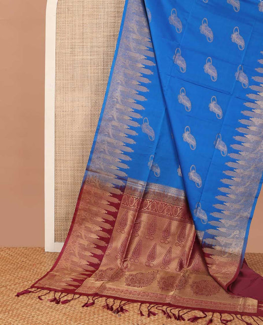 Blue leaf design soft silk saree with self zari design border & floral design pallu