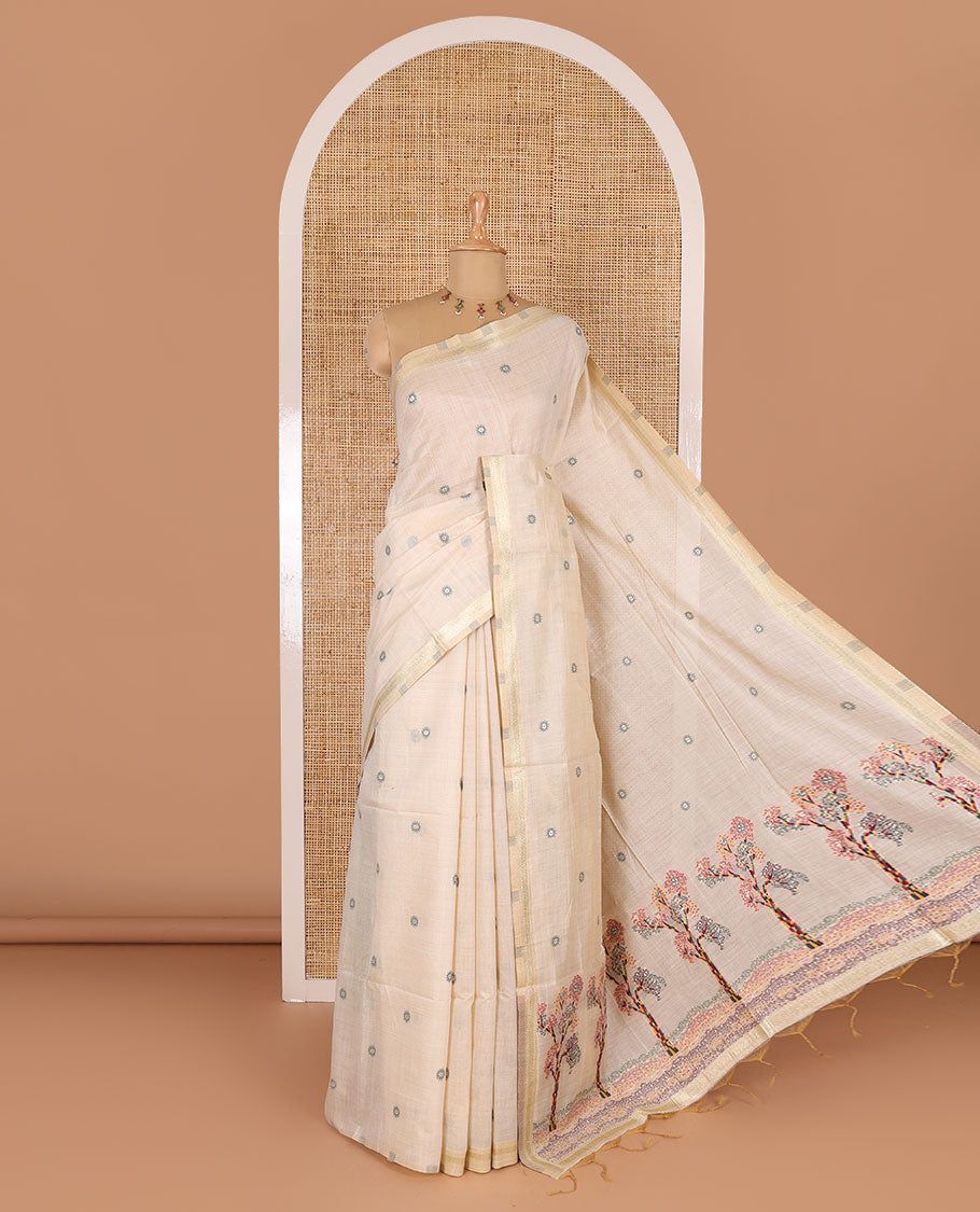 Cream resham thread and zari buttas Munga cotton saree, traditional gold zari border, tree motifs red thread work pallu, and matching buttas blouse