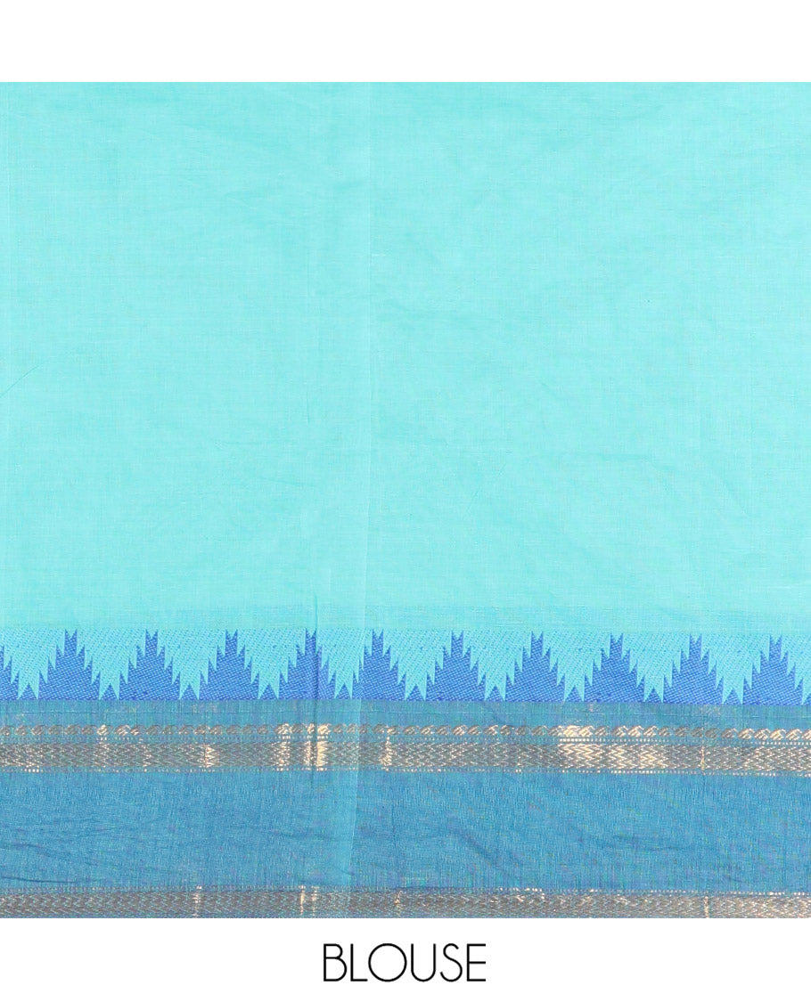 Rama Chettinad Cotton Saree, Subtly Sparkled with Thread Buttas All Over Its Body, Complemented by a Contrast Border Rettai Pettu Border of Paisley and Chevron Stripes, Subtly Designed Pallu, and Paired with a Matching Blouse