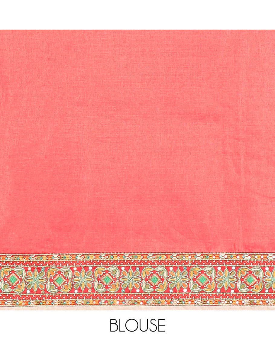 Cream thread embroidery, mirror work tussar silk saree with embroidery border & floral thread embroidery pallu
