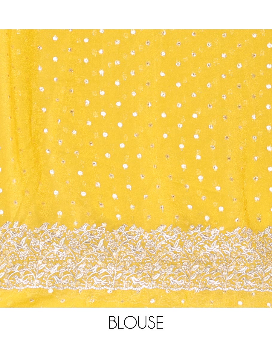 Yellow Fendi Chiffon Saree, Steeped with 1000-Buttas All Over Its Body, Highlighted by a Scallop Embroidered Border, a Self-Pallu, and Paired with a Matching Blouse