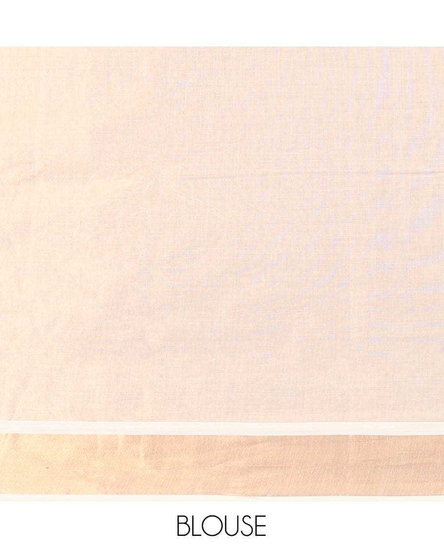 Cream Kerala Cotton Saree, Elevated with Thread and Zari Buttas All Over Its Body, a Zari Bavanji Border, Pallu of Elephant Designs, and Paired with a Matching Blouse