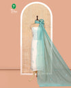 Cream-Sea Green Mul Chanderi Material Churidar Features Thread-Sequins Embroidered Top, a Contrast Bottom, Scallop Embroidered Dupatta