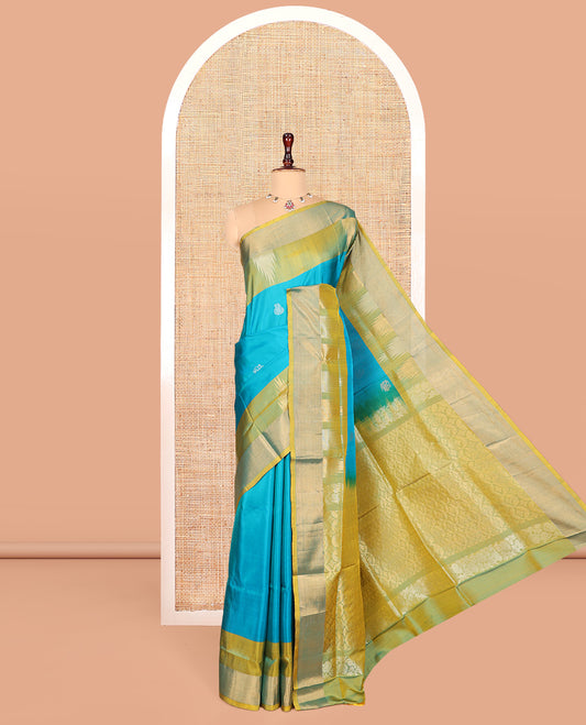 Blue Uppada Silk Saree, Woven with Buttas, Complemented by a Contrast Temple Zari Border, Contrast Intricately Designed Pallu, and a Contrast Blouse