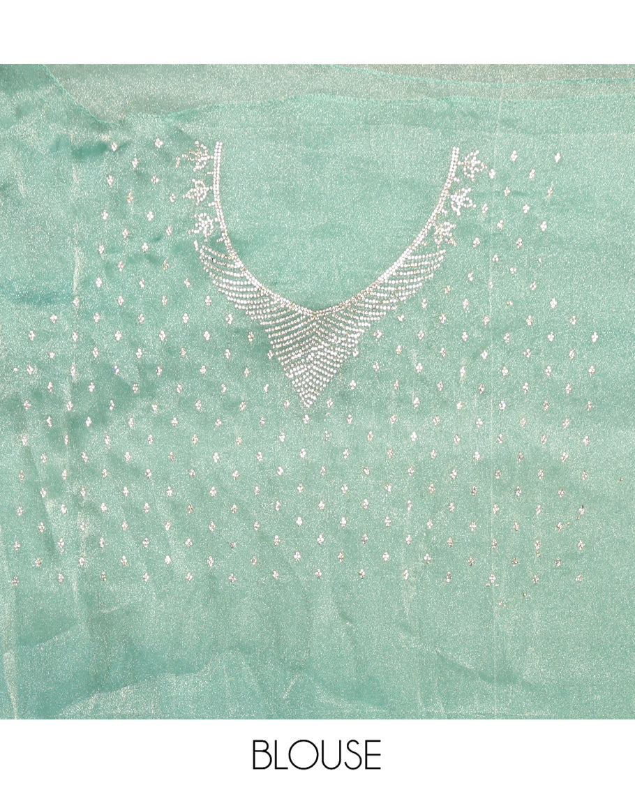 Emerald Green Fendi Silk Saree with Swarovski Stonework Border, and a Stonework Blouse