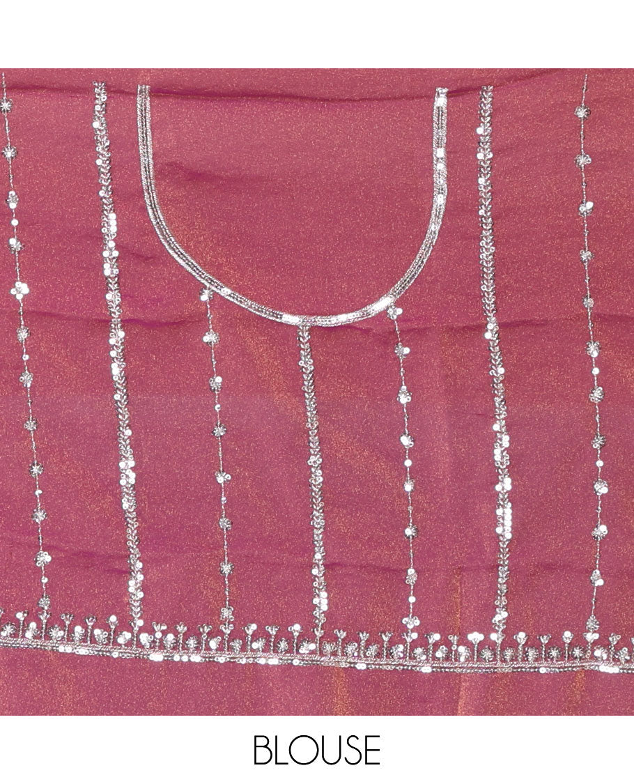 Pink vertical stripes embroidered shimmer chiffon saree, scallop embroidered border, embroidered pallu, and fancy embroidered matching blouse