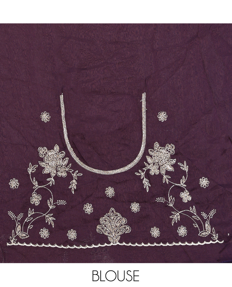 Purple Designer Saree, Finely Crafted with Floral Vine Embroidery, Scallop-Embroidered Border, and Matching Embroidered Blouse