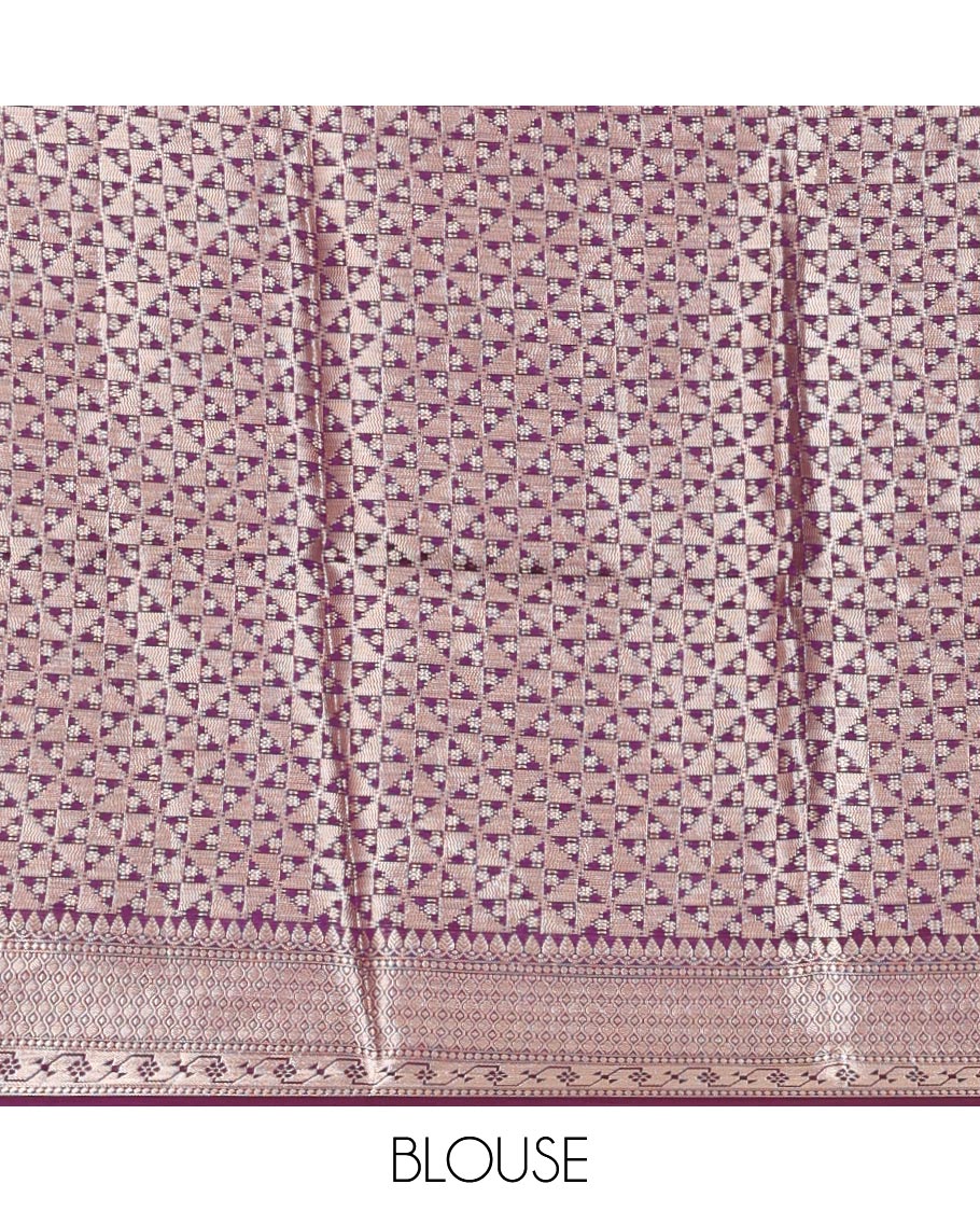 Violet Dupion Silk Saree, Ornamented with Rangkat-Style Floral and Zari Stripes, a Contrast Traditional Zari Border, Geometric Pallu, and a Contrast Blouse