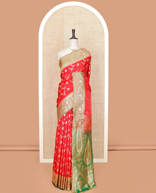 Red floral buttas and stone work banarasi silk saree, contrast floral creeper design woven stone work lace border, and pallu of intricate designs