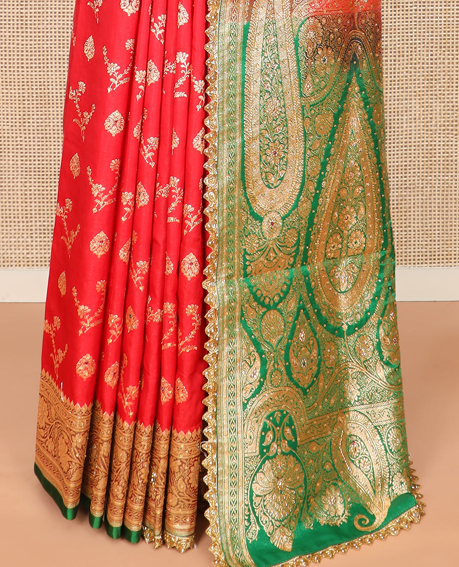 Red floral buttas and stone work banarasi silk saree, contrast floral creeper design woven stone work lace border, and pallu of intricate designs