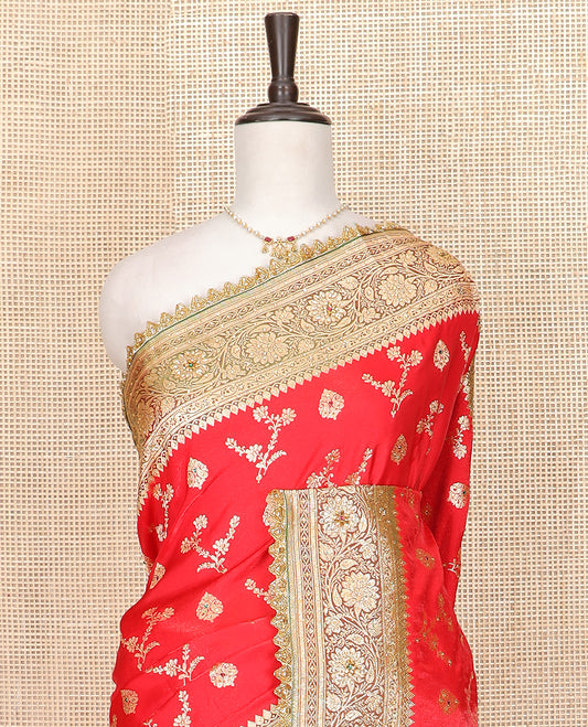 Red floral buttas and stone work banarasi silk saree, contrast floral creeper design woven stone work lace border, and pallu of intricate designs