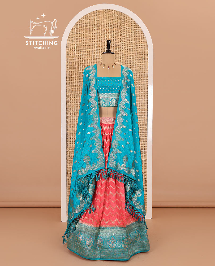 Magenta chiniya crepe half-saree,  chevron zari jacquard with contrast intricate patterned stone work bordered skirt, contrast blouse, and a scallop bordered intricate dhavani