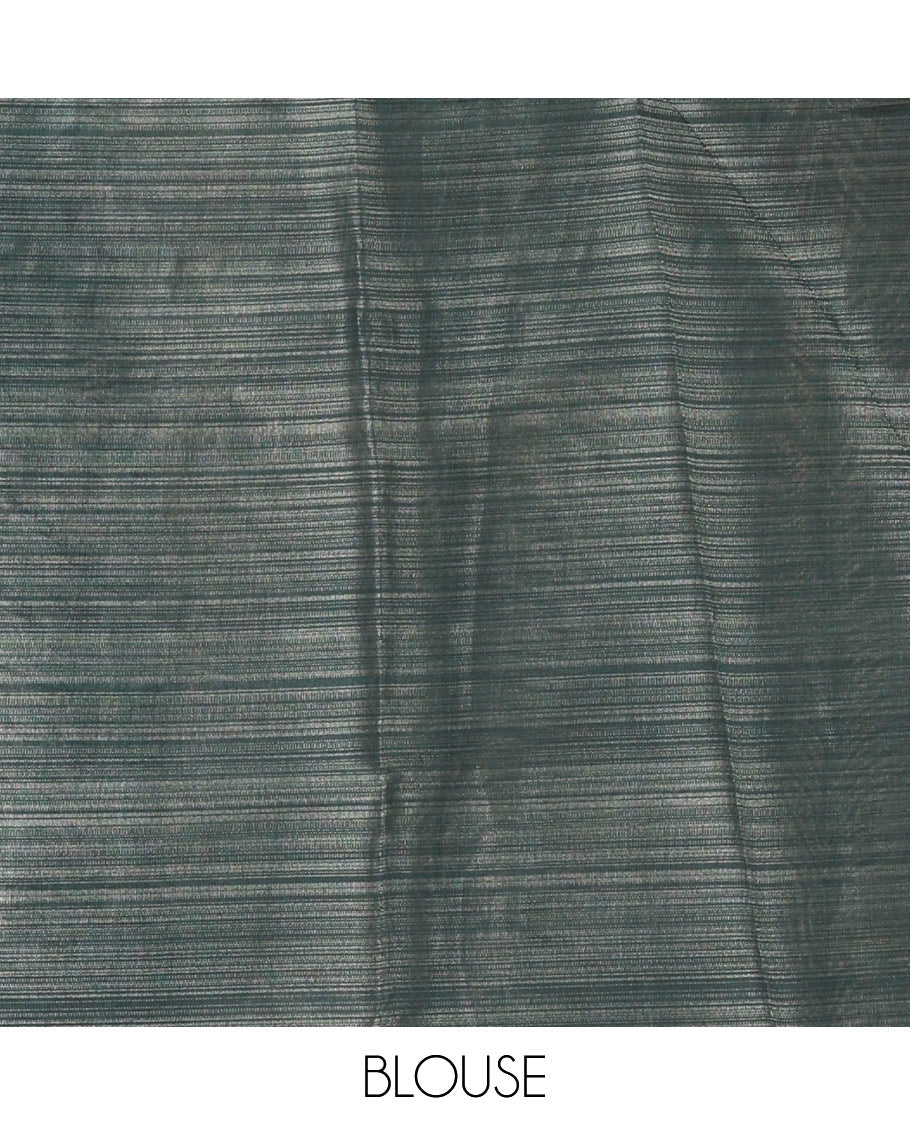 Cream-green Malayalam letter printed tissue saree, self-border and pallu steeped with Malayalam letter motifs, and a contrast plain blouse