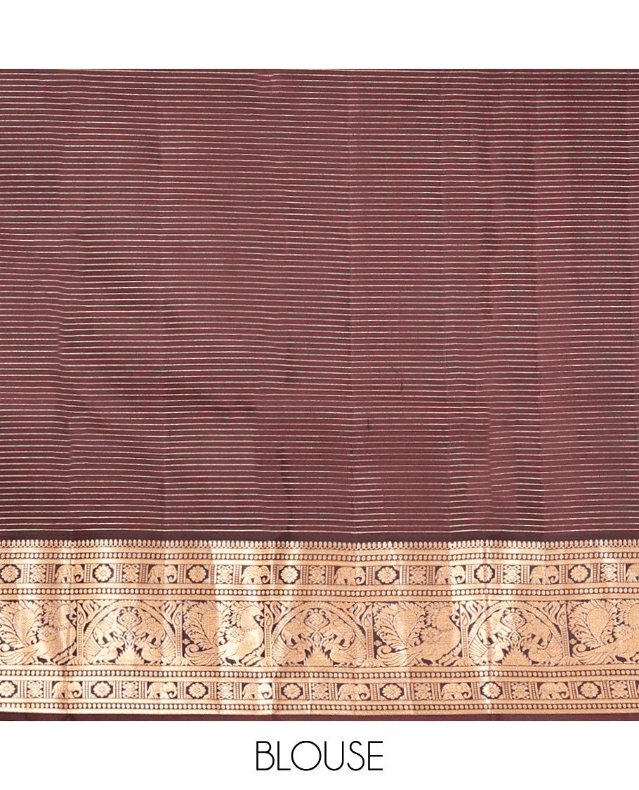 Beige Vasundhara Silk Saree, Meticulously Crafted with Zari Buttas and Checks, a Contrast Border of Thilakam Mokku, Paisa, Kamalam, Yaanai, and Mayil, Jaal Pallu, and a Contrast Blouse