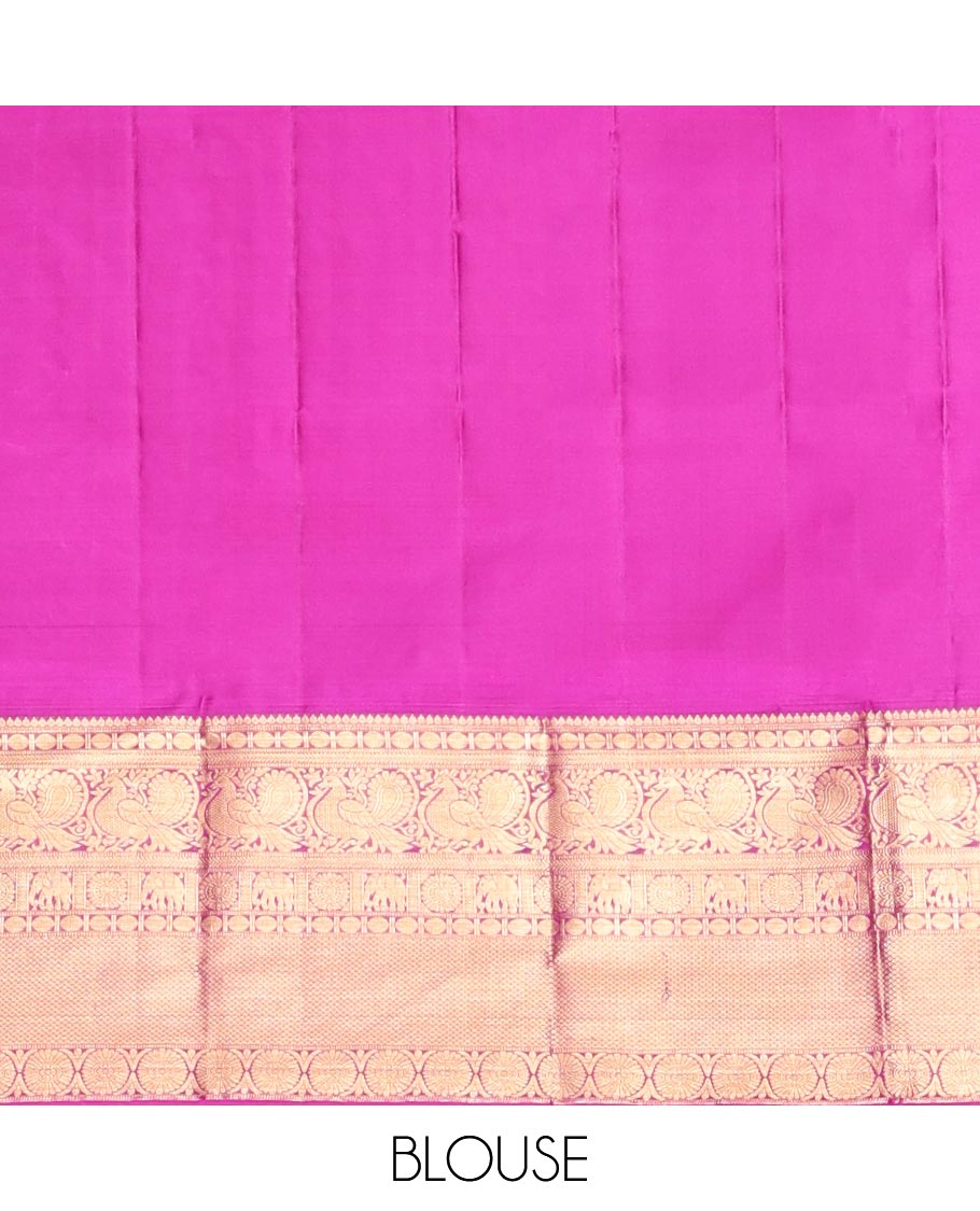 Yellow Kanchipuram Wedding Silk Saree, Embellished with Jacquard Design, a Contrast Border of Thilakam, Rudraksham, Mayil, Yaanai, Chakram, and Mayil Kann, Grand Pallu, and a Contrast Blouse