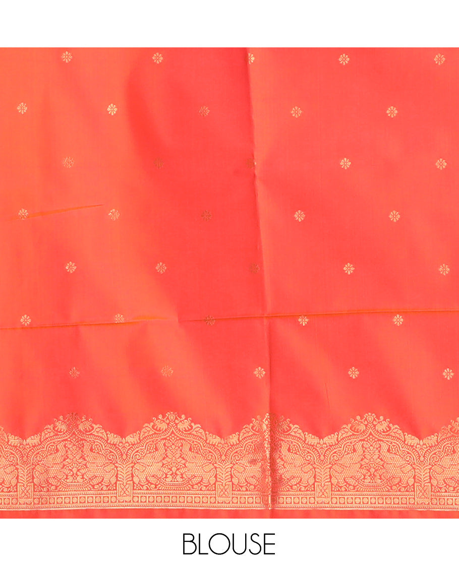 Orange Zari Buttas Soft Silk Saree, Animal Motif Zari Border, Grand Pallu, Matching Blouse