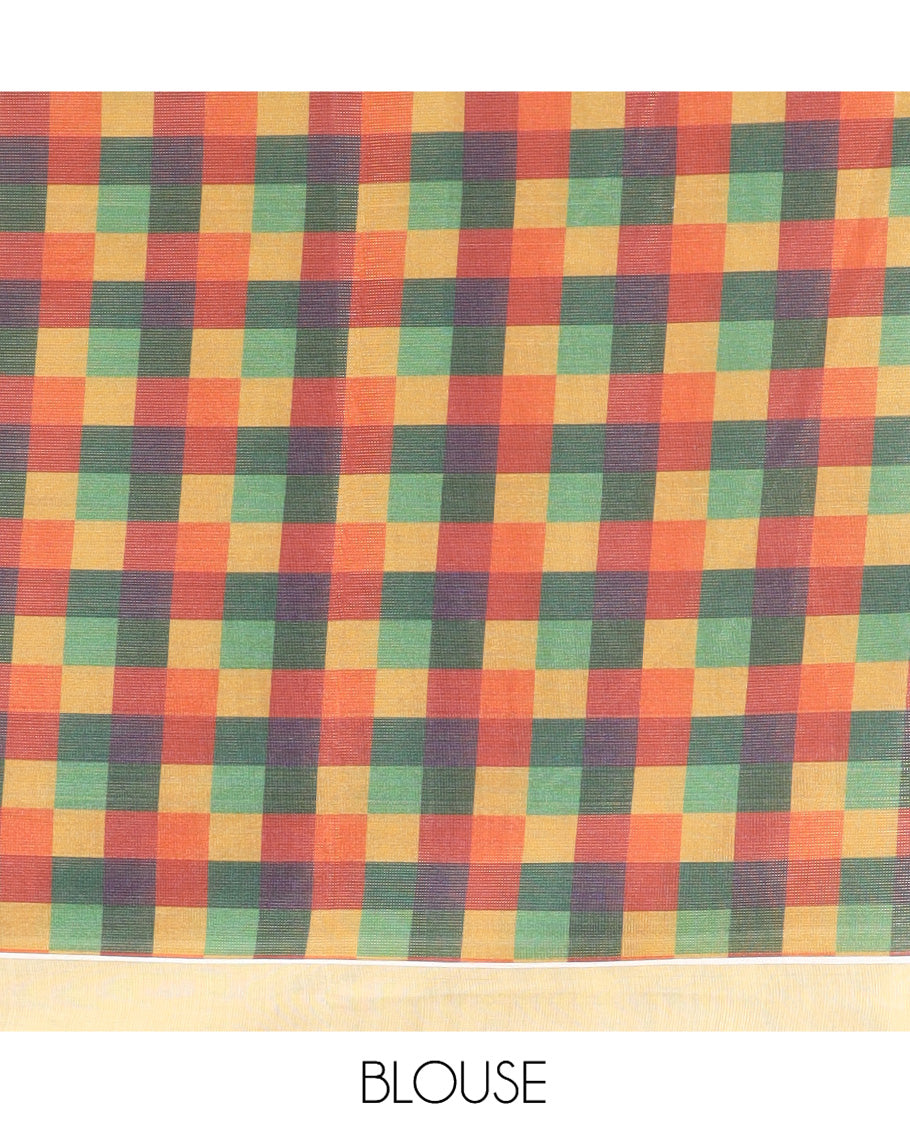 Gold Plain Tissue Saree, Complemented by a Contrast Temple Checked Border, and a Contrast Blouse