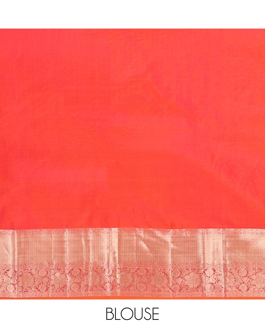 Orange Kanchipuram Wedding Silk Saree, Detailed with Jacquard Designs on Its Body, Highlighted by a Zari Border of Muthu, Diamond, and Kodi Visiry Designs, Mughal-Style Intricately Designed Pallu, and Paired with a Matching Blouse