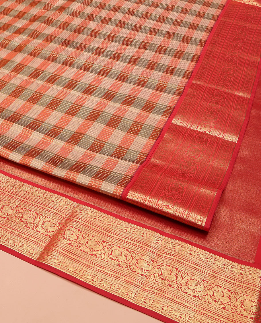 Grey-Orange Striped Vasundhara Lite Silk Mix Saree, Gleamed Up with a Zari Checks on Its Body, Complemented by a Contrast Border of Rekku, Diamond, Mayil, and Kodi Mayil Designs, Gleaming Zari Pallu, and Paired with a Contrast Blouse