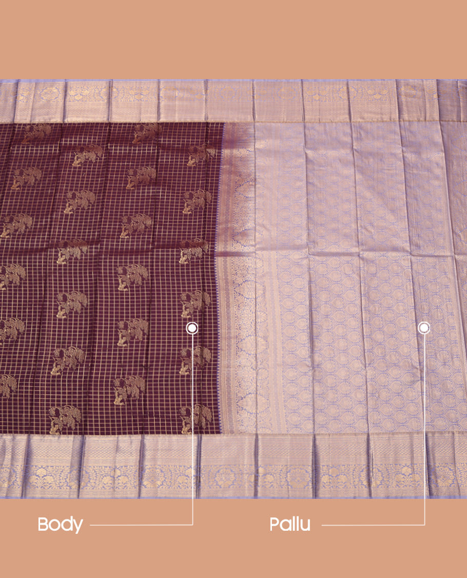 Maroon Budget Silk Saree, Decorated with Buttas and Checks, Complemented by a Contrast Traditional Zari Border, Grand Pallu, and a Contrast Blouse
