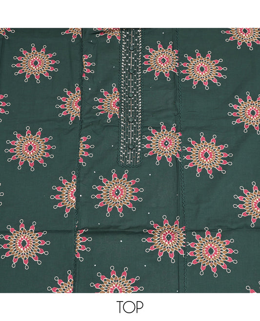 Green Cotton Material Churidar Set, Detailed with Kolam Motifs Printed on Its Top, a Plain Bottom, and Kolam Motifs Printed Dupatta