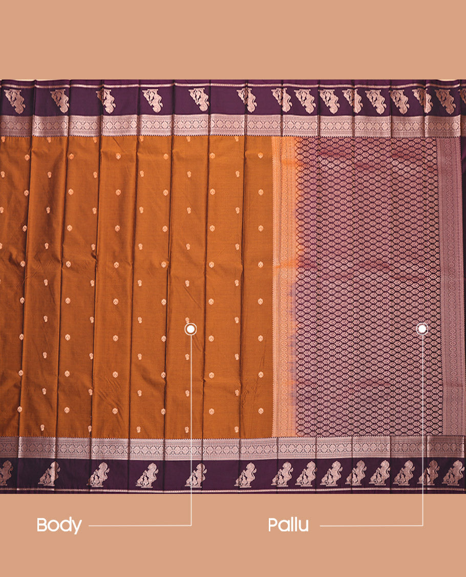 Copper Budget Silk Saree, Embellished with Zari Buttas, Complemented by a Contrast Traditional Zari Border of Singam Designs, Grand Pallu, and a Contrast Blouse