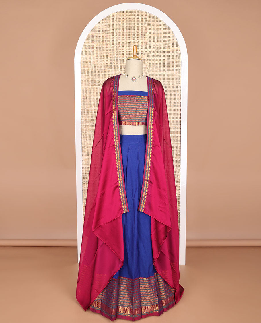 Blue cotton half saree with temple, paun design border & zari design blouse & zari design border dhavani