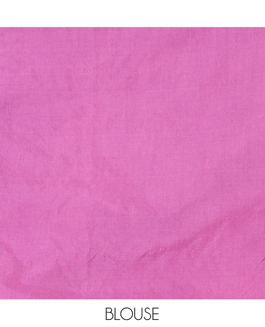 Pink Mushru Silk Saree, Prettified with Floral Jaal Jacquard Design on Its Body, Subtly Sparkled Zari Border of Floral Creeper Designs, Mughal-Style Pallu of Floral Bouquet Designs, and Paired with a Matching Blouse