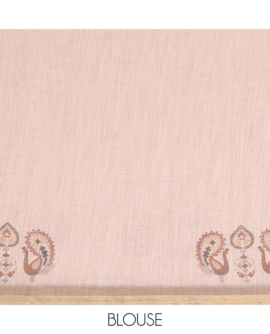 Chikku buttas with mirror work linen saree, zari border with peacock motifs print, printed mirror work pallu, and matching blouse