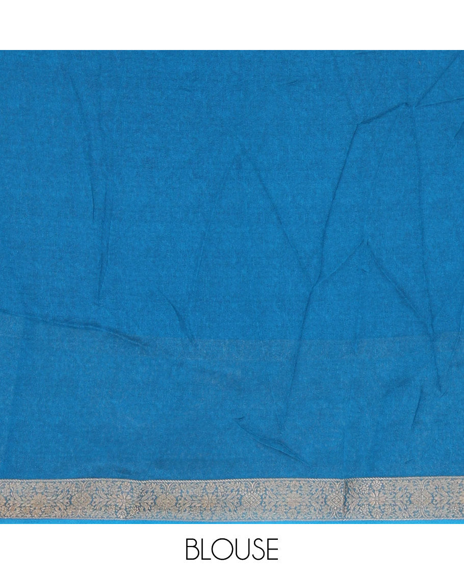 Violet embossed moss chiffon saree, contrast zari and colorfully printed border and pallu of human figurines and Pichwai cows, and embossed blouse