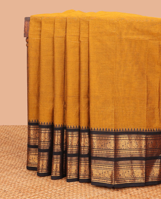 Brown chettinad cotton saree with contrast elephant, annam double pad border