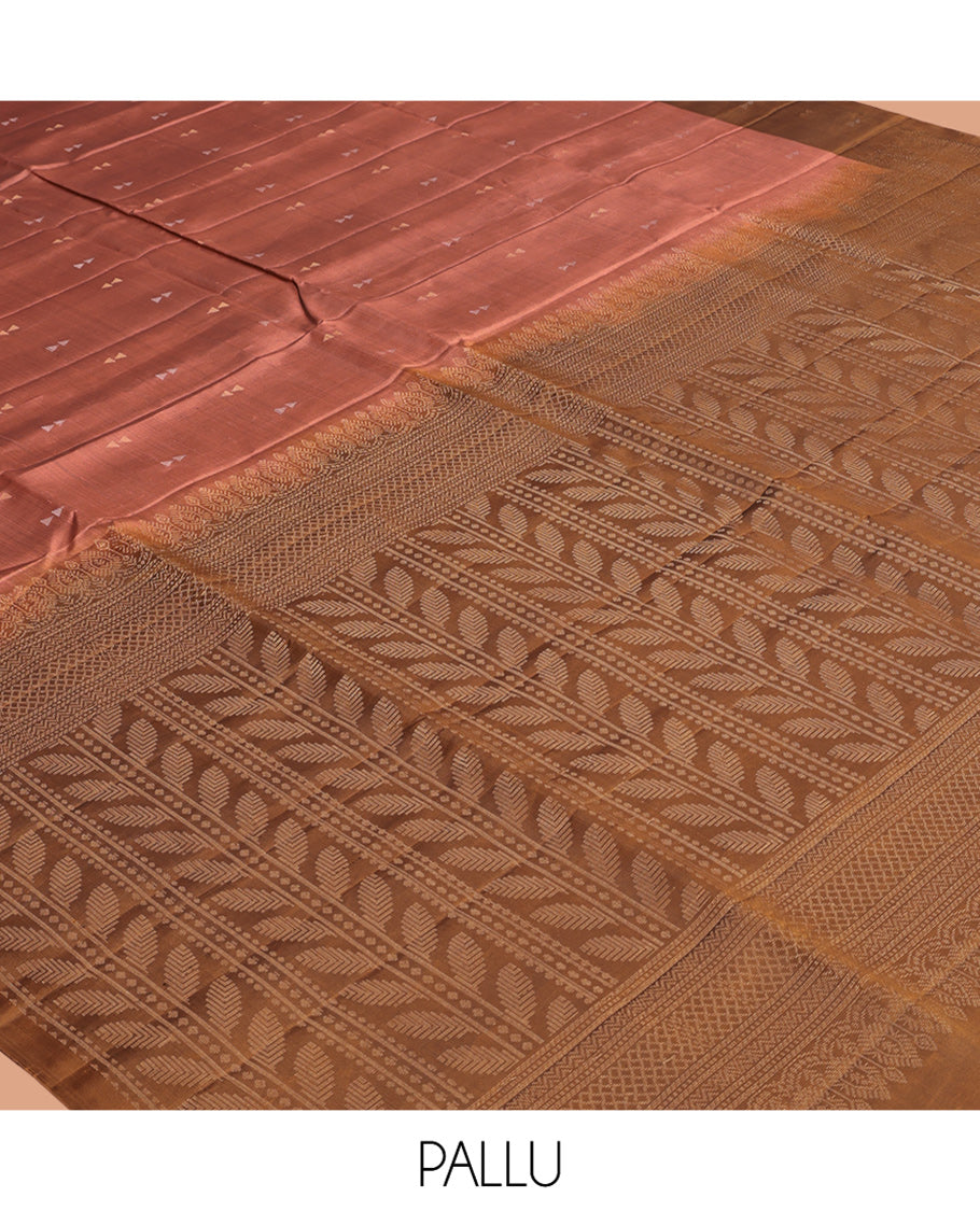 Peach Mayuri Lite Silk Mix Saree, Ornamented with Triangle Zari Buttas, Complemented By Contrast Border of Triangle Buttas, a Leaf Vine Pallu, and a Contrast Blouse