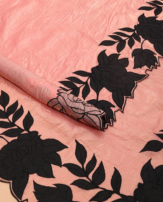 Peach crush tissue saree with self floral embroidery scallop border